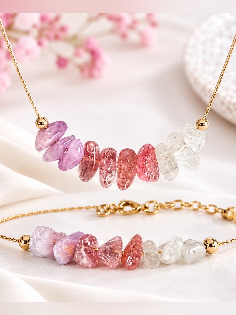 Pink & Clear Gemstone Bracelet Necklace Set Gold Tone Boho Bracelet